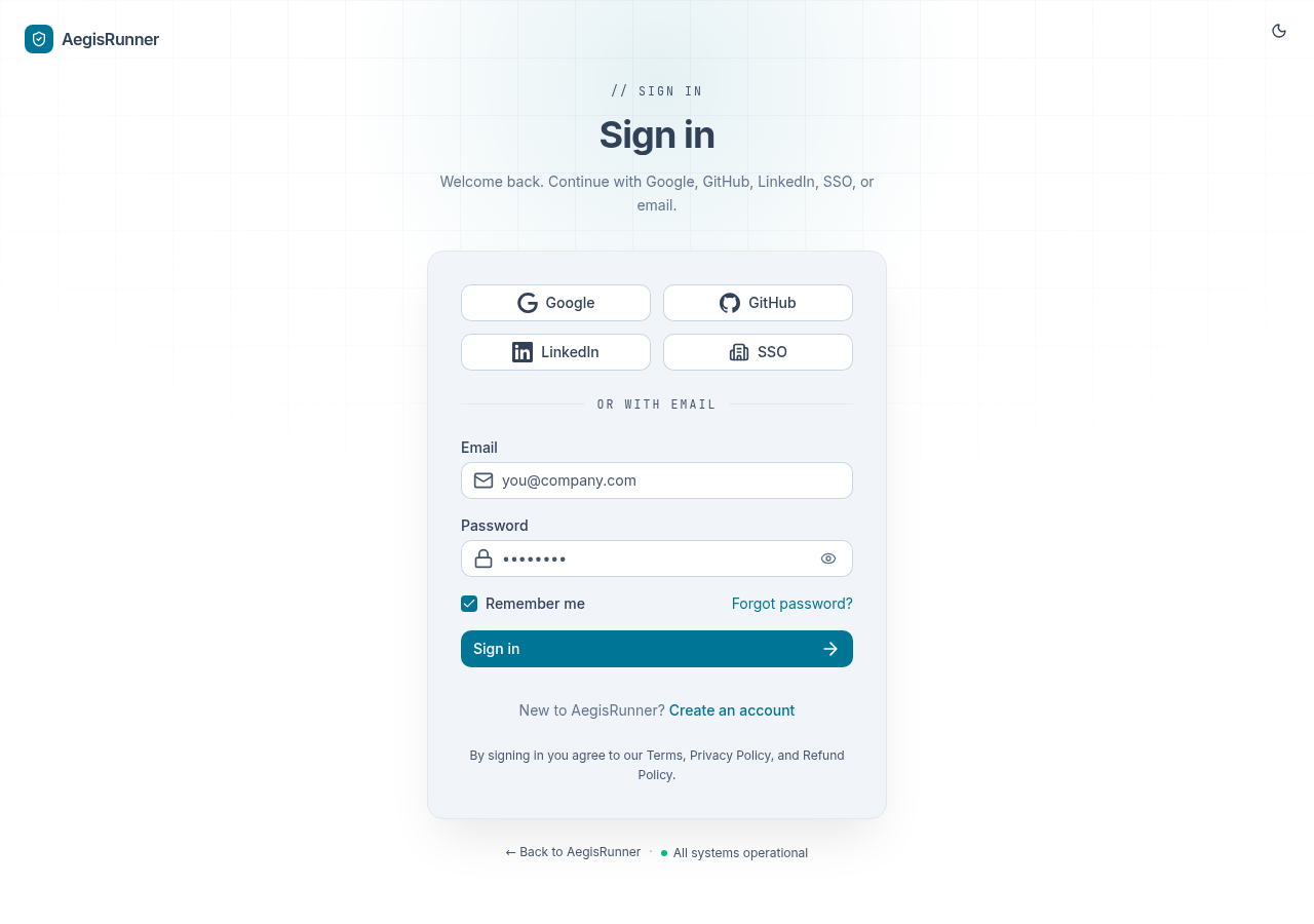 AegisRunner account sign-in screen
