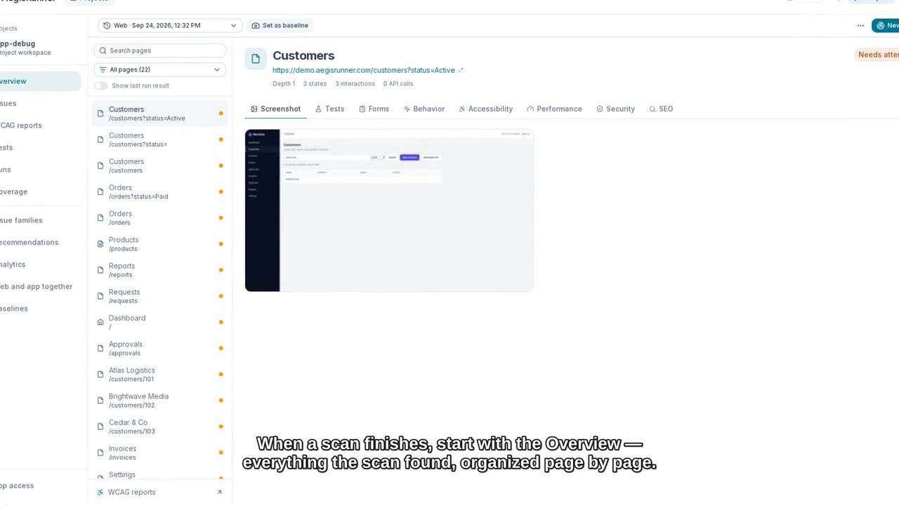 Recorded AegisRunner walkthrough: reading a scan report and its WCAG evidence