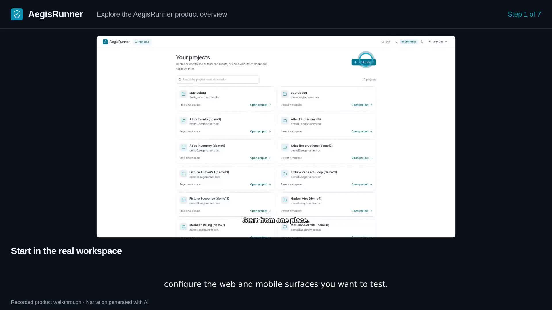 Recorded AegisRunner walkthrough: the product overview for web and mobile testing
