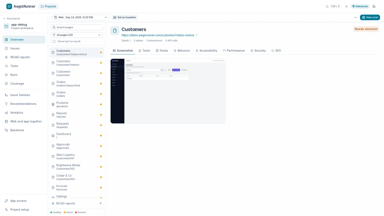 Web testing + WCAG in AegisRunner